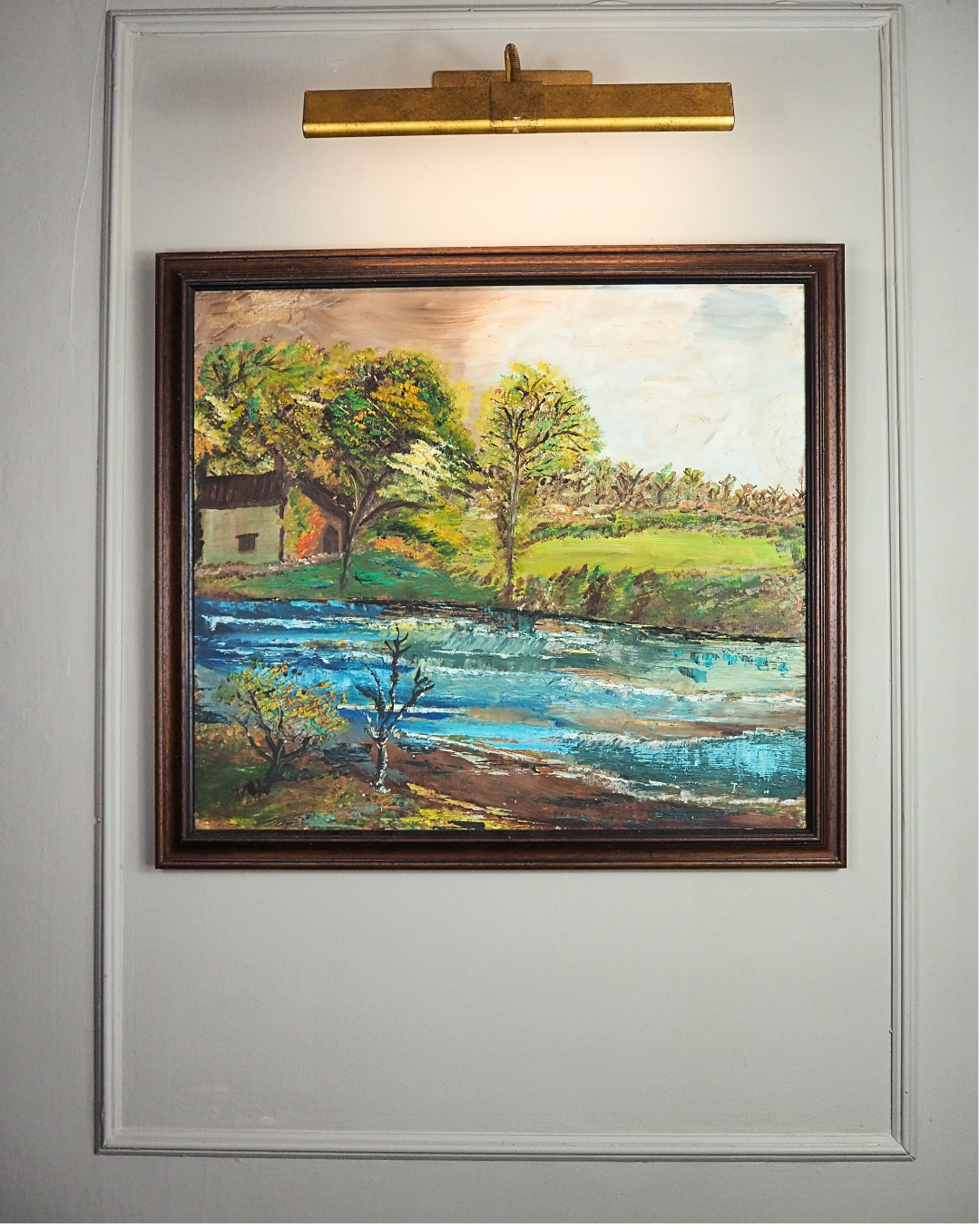 Peaceful River & Cabin Landscape- Vintage Rustic Oil Painting