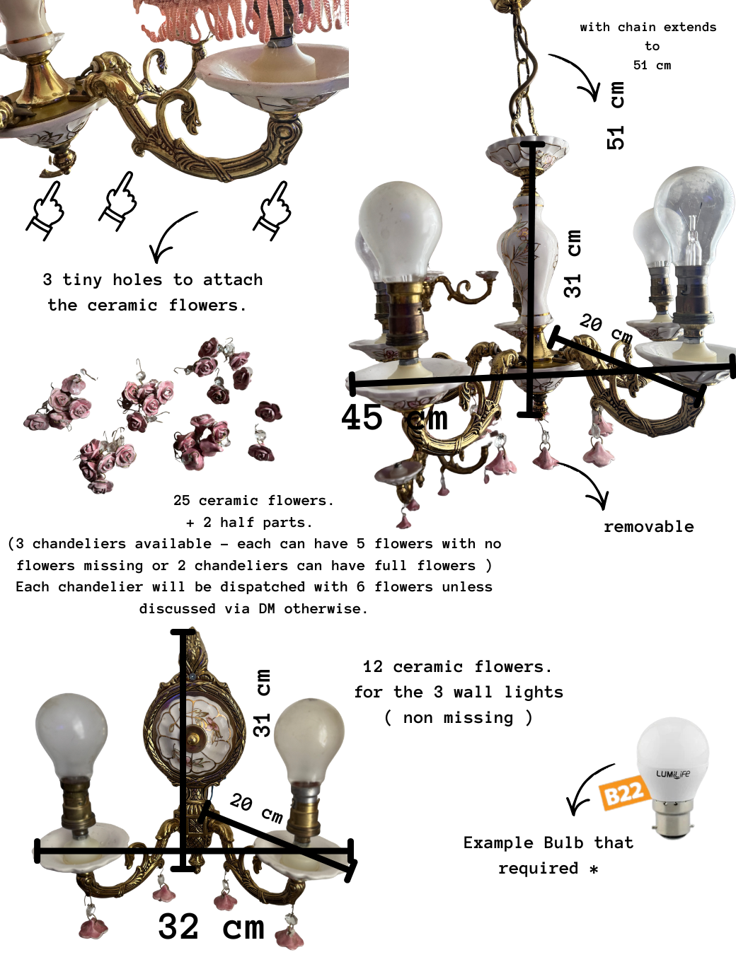 Vintage Capodimonte Chandelier , Wall Lights – Pink Floral Ceramic & Gilt Brass Lighting