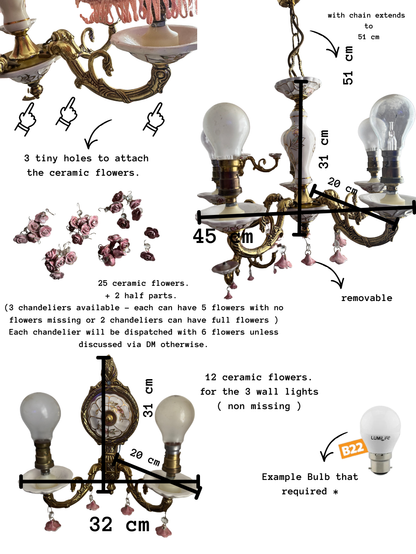 Vintage Capodimonte Chandelier , Wall Lights – Pink Floral Ceramic & Gilt Brass Lighting