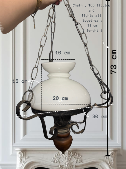 Antique Cast Iron Mid-Century Country Lantern Lights with White Opaque Glass – English Manor Style (Matching Pair)