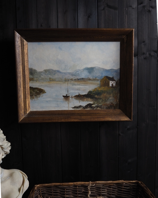 Vintage Rustic Oil Painting by E. Henstock in a Wooden Oak Picture Frame