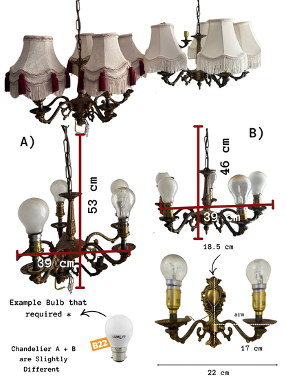 Vintage French Louis Style Solid Brass Wall– 2 Arm Sconces, 5 Arm Chandeliers Optional Shades