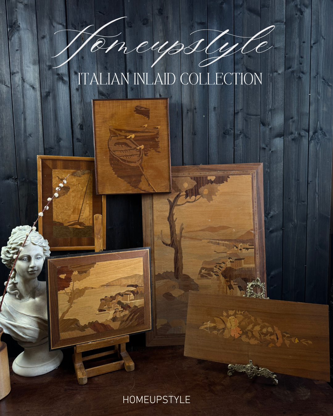 Italian Sorrento Inlaid Gallery Wall Set of 5 | Handcrafted Antique Marquetry Wooden Wall Plaques
