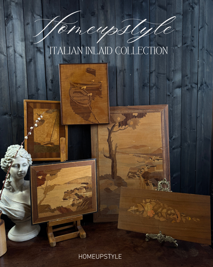 Italian Sorrento Inlaid Gallery Wall Set of 5 | Handcrafted Antique Marquetry Wooden Wall Plaques