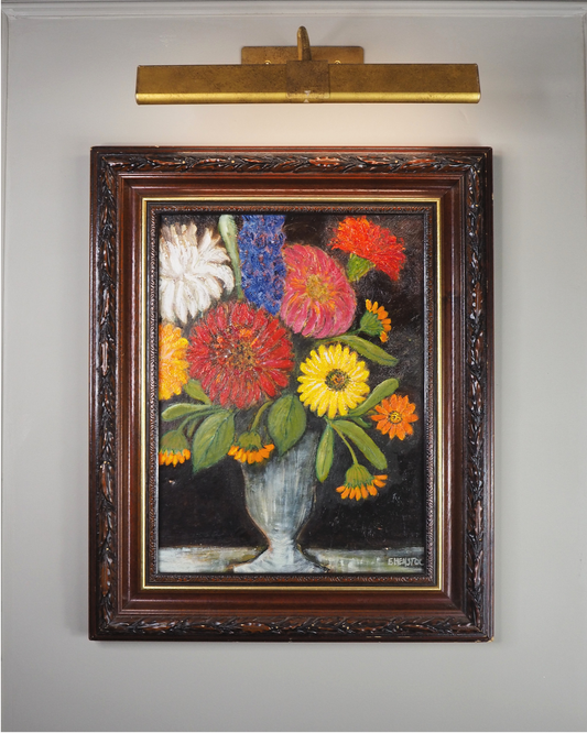 Vintage Floral Oil Painting by E. Henstock in a Carved Wooden Frame