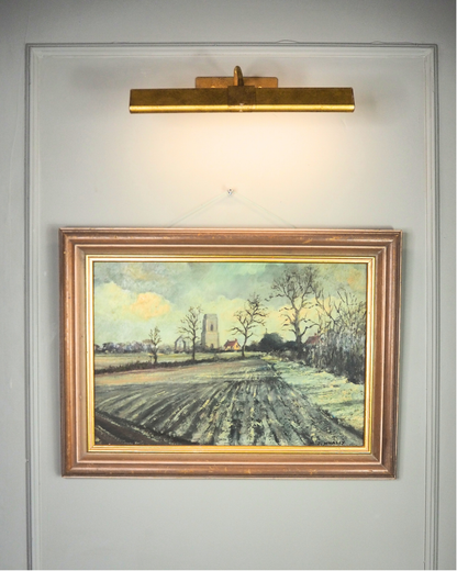 Vintage Pastoral Landscape Oil Painting – Framed Rural Village Scene
