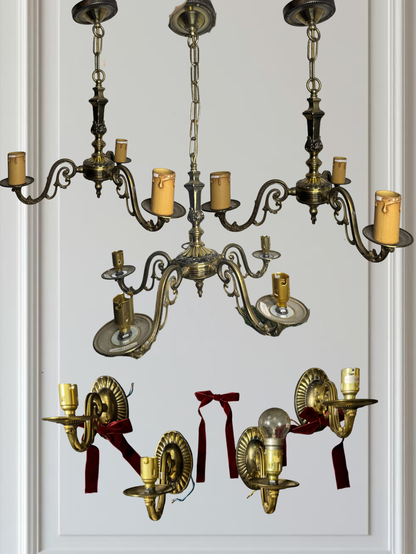 Vintage Satin Brass Lighting Set — 5-Arm Chandelier, Pair of 3-Arm Chandeliers & 4 Single Wall Lights