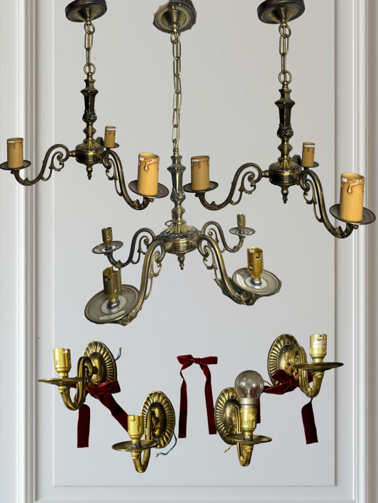 Vintage Satin Brass Lighting Set — 5-Arm Chandelier, Pair of 3-Arm Chandeliers & 4 Single Wall Lights