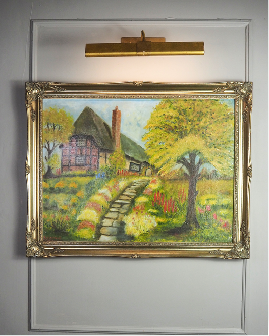 Vintage Large English Countryside Oil Painting by E. Henstock in Sorélle Ornate Frame