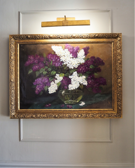 Large Imported Hungarian Oil Painting of Lilac in Ornate Gold Gilt Frame