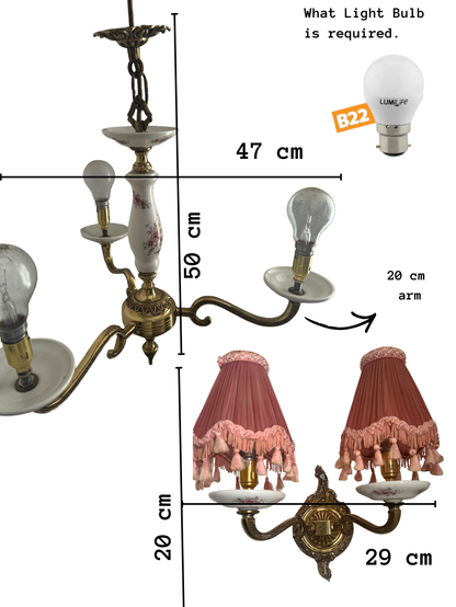 Capodimonte Style Brass and Fine Ceramic Vintage Chandelier + Wall Light Set | Porcelain White & Pink Flowers | Imported from Spain