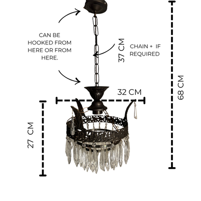 Vintage French Crystal Chandelier 1950s | Antique Cast Iron 2 Tier Lighting | Crystal Drop Fixture
