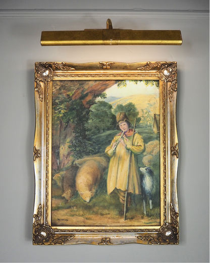 Vintage Oil Painting “Shepherd Boy Playing a Flute” Signed Pat Linnell | c.1937–40