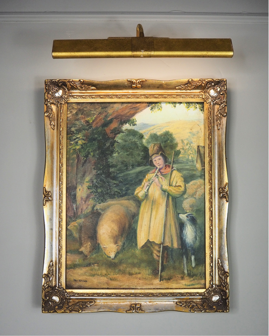 Vintage Oil Painting “Shepherd Boy Playing a Flute” Signed Pat Linnell | c.1937–40