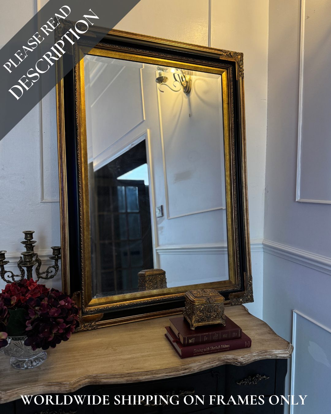 Large Bevelled Mirror in Gold & Black Gilt Frame – Decorative Wall Statement