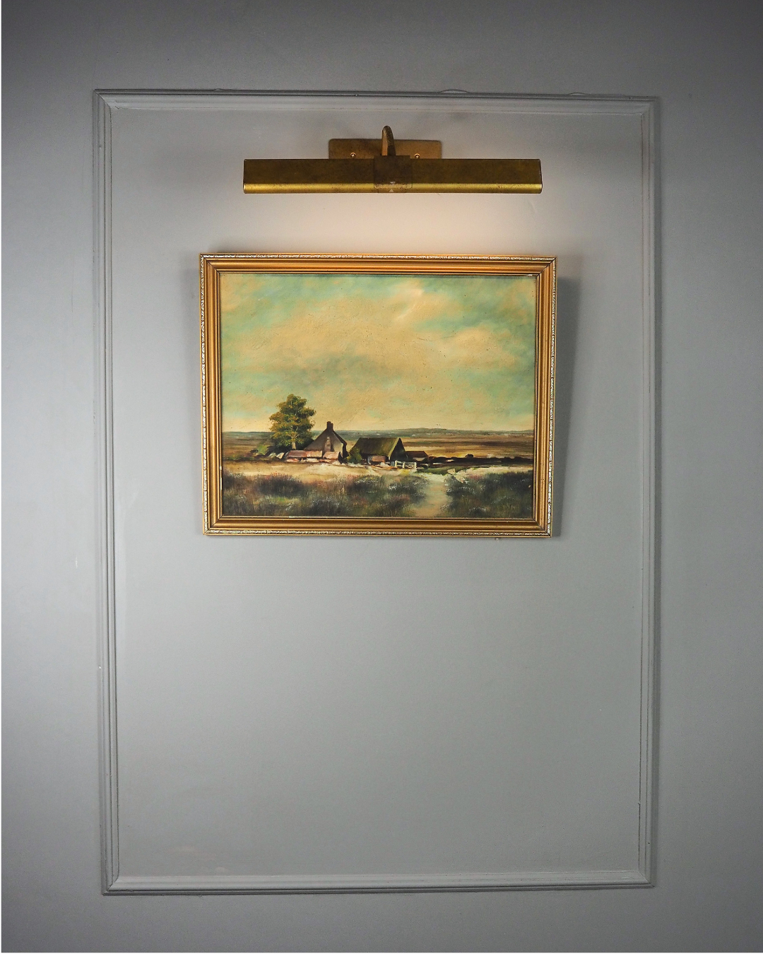 Vintage Farmhouse Oil Painting on Board Rustic Field Landscape