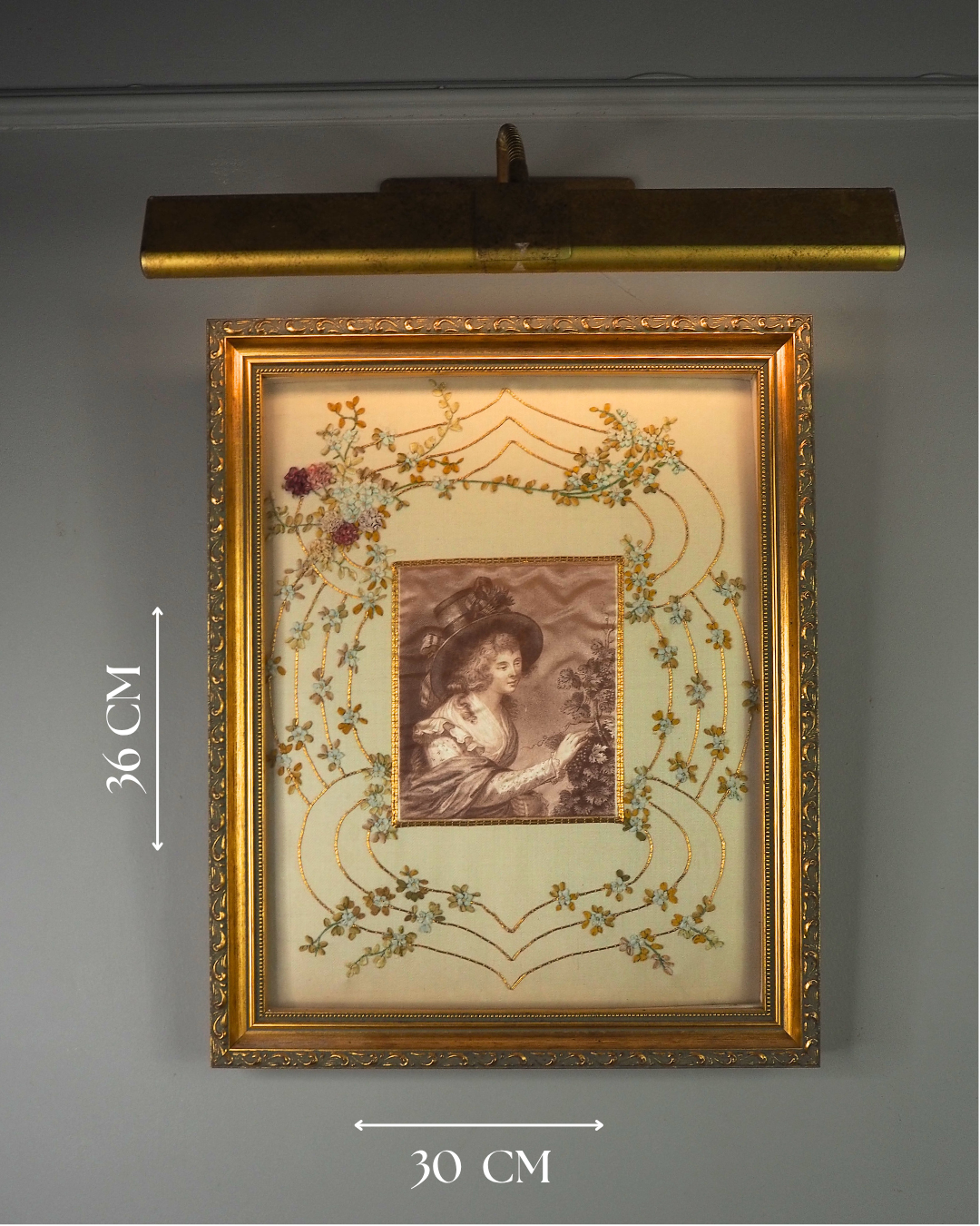 Antique Padded Silk-on-Silk Embroidery on Board in Ornate Gold Gilt Frame
