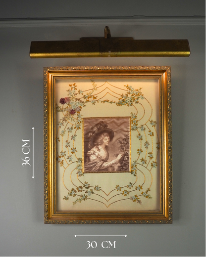Antique Padded Silk-on-Silk Embroidery on Board in Ornate Gold Gilt Frame