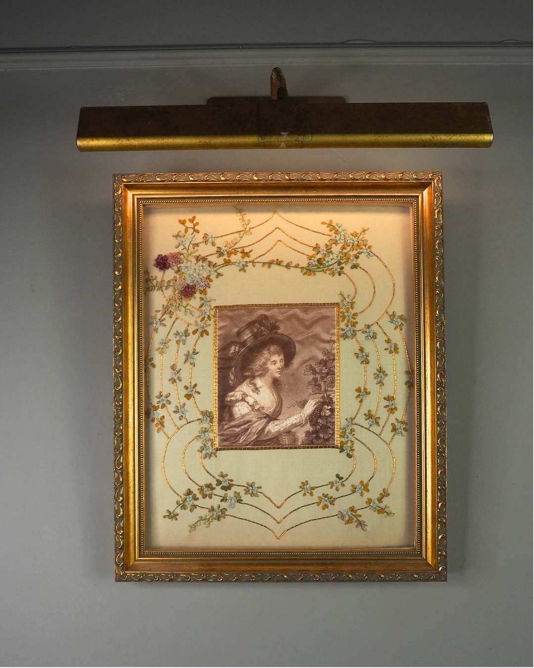 Antique Padded Silk-on-Silk Embroidery on Board in Ornate Gold Gilt Frame
