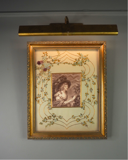Antique Padded Silk-on-Silk Embroidery on Board in Ornate Gold Gilt Frame