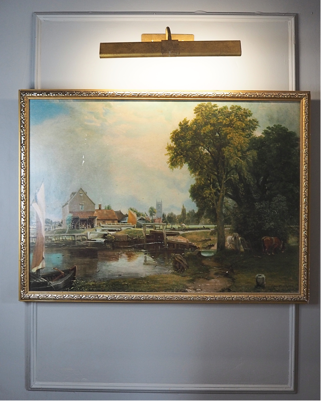 Dedham Lock & Mill After John Constable Large Vintage Print in Gold Frame