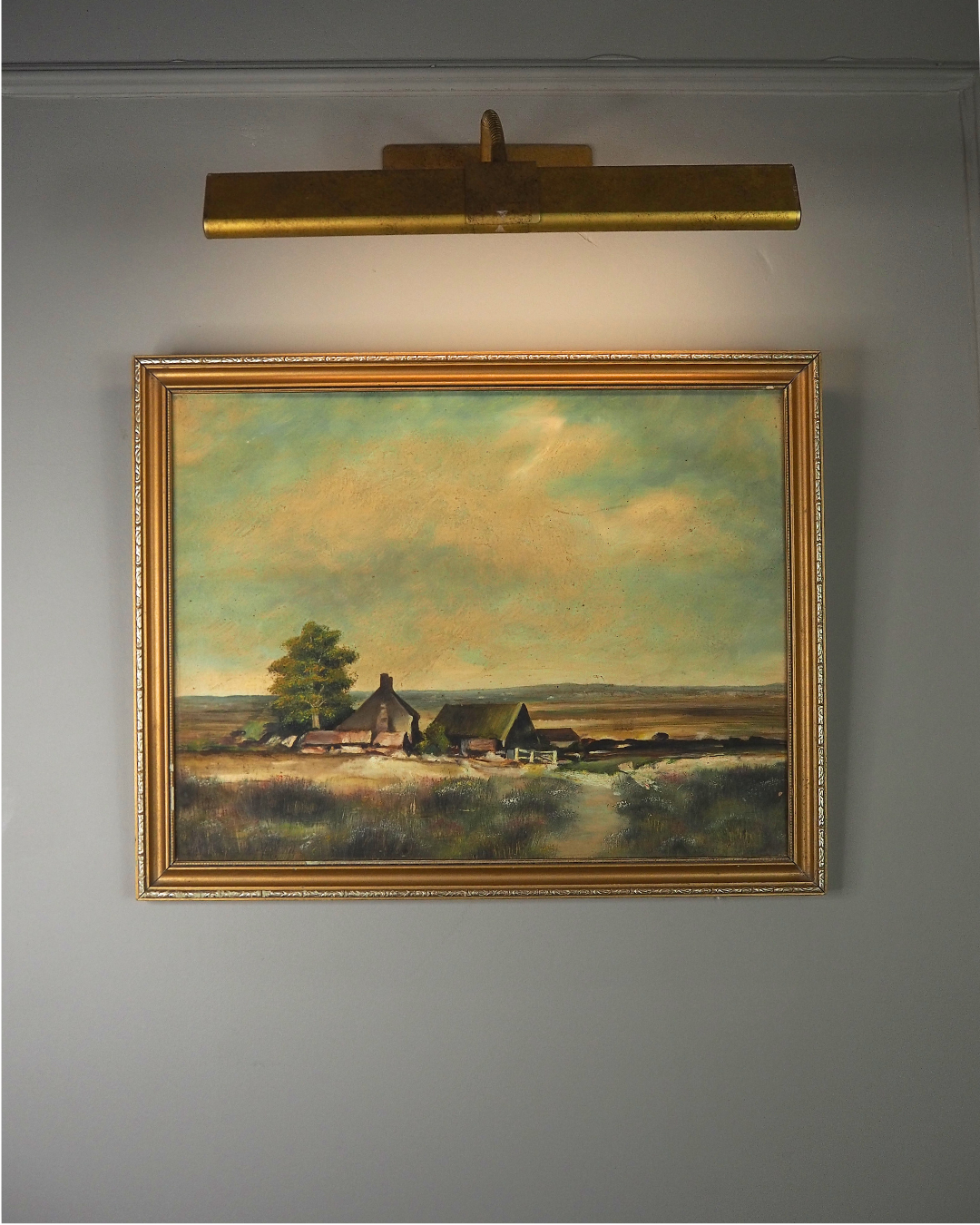 Vintage Farmhouse Oil Painting on Board Rustic Field Landscape