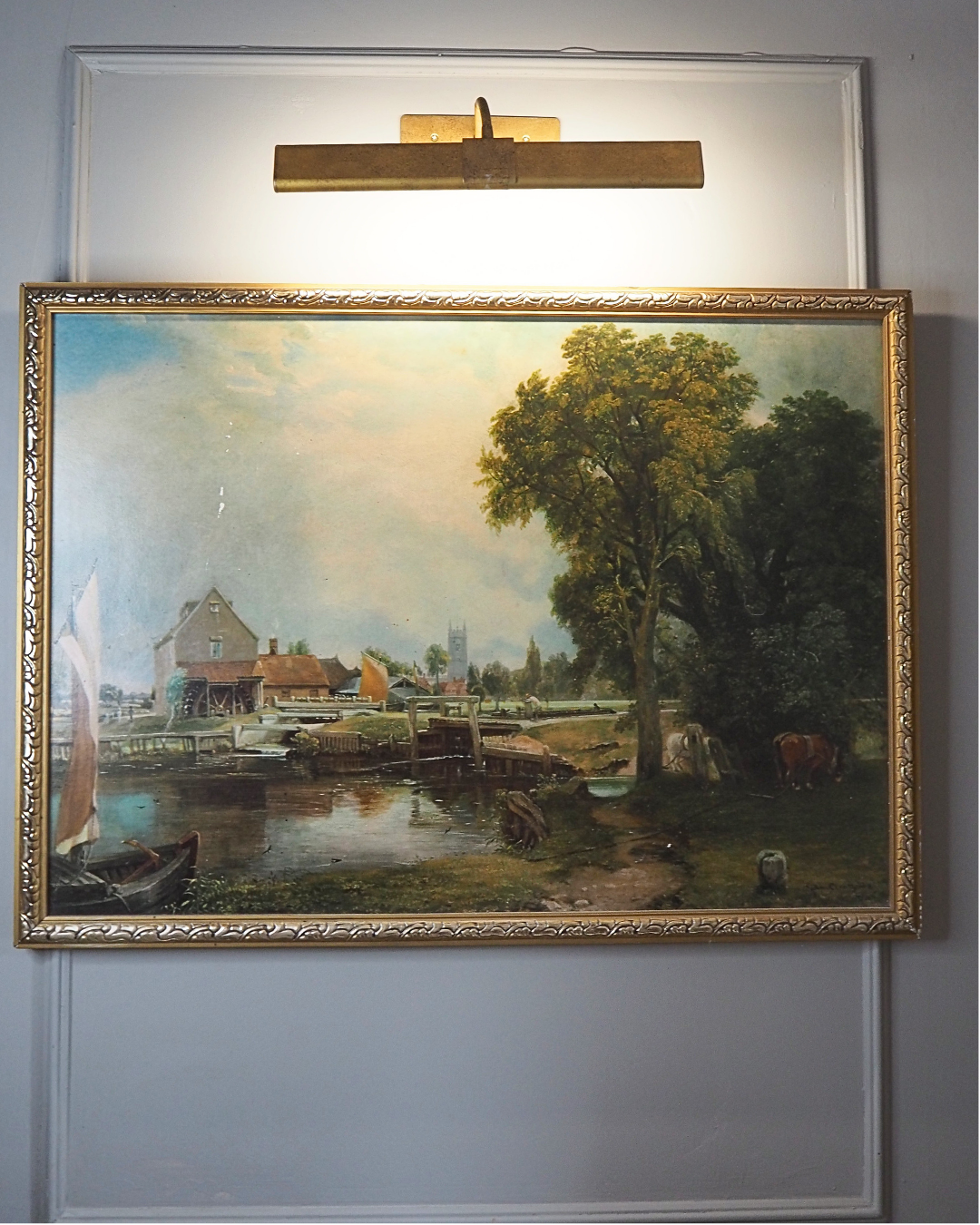 Dedham Lock & Mill After John Constable Large Vintage Print in Gold Frame