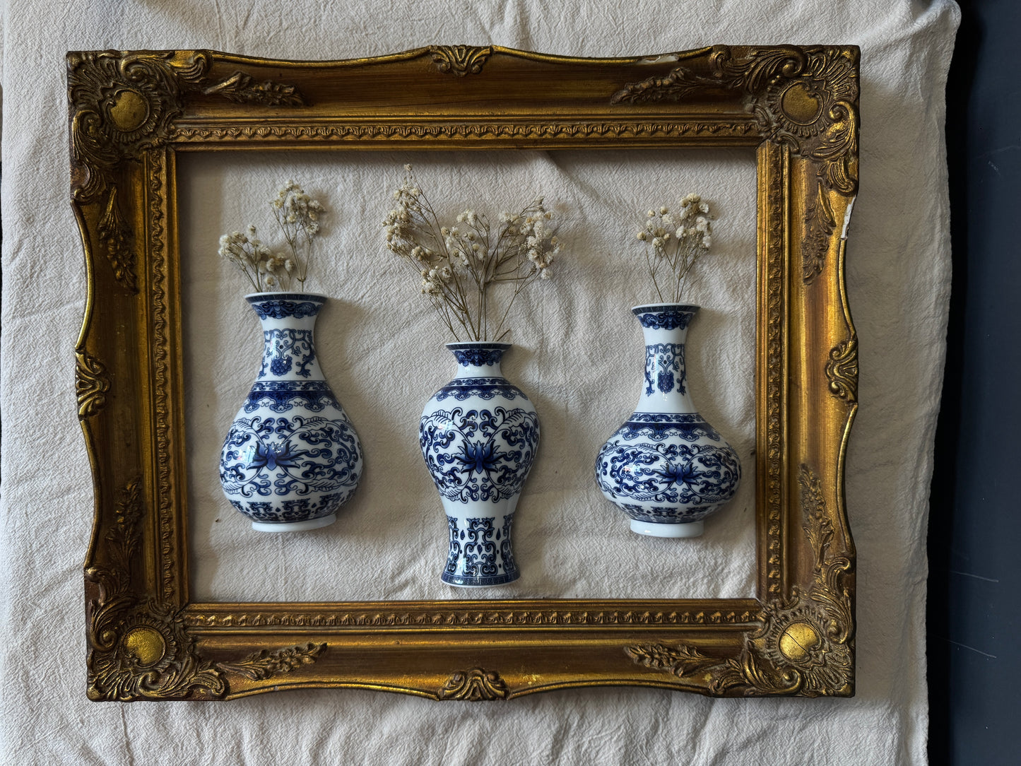 Vintage Gallery Wall Set | Gold Ornate Frame with Vase Trio & Dried Flowers | Decorative Wall Decor