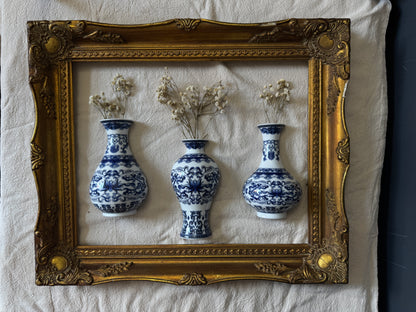 Vintage Gallery Wall Set | Gold Ornate Frame with Vase Trio & Dried Flowers | Decorative Wall Decor