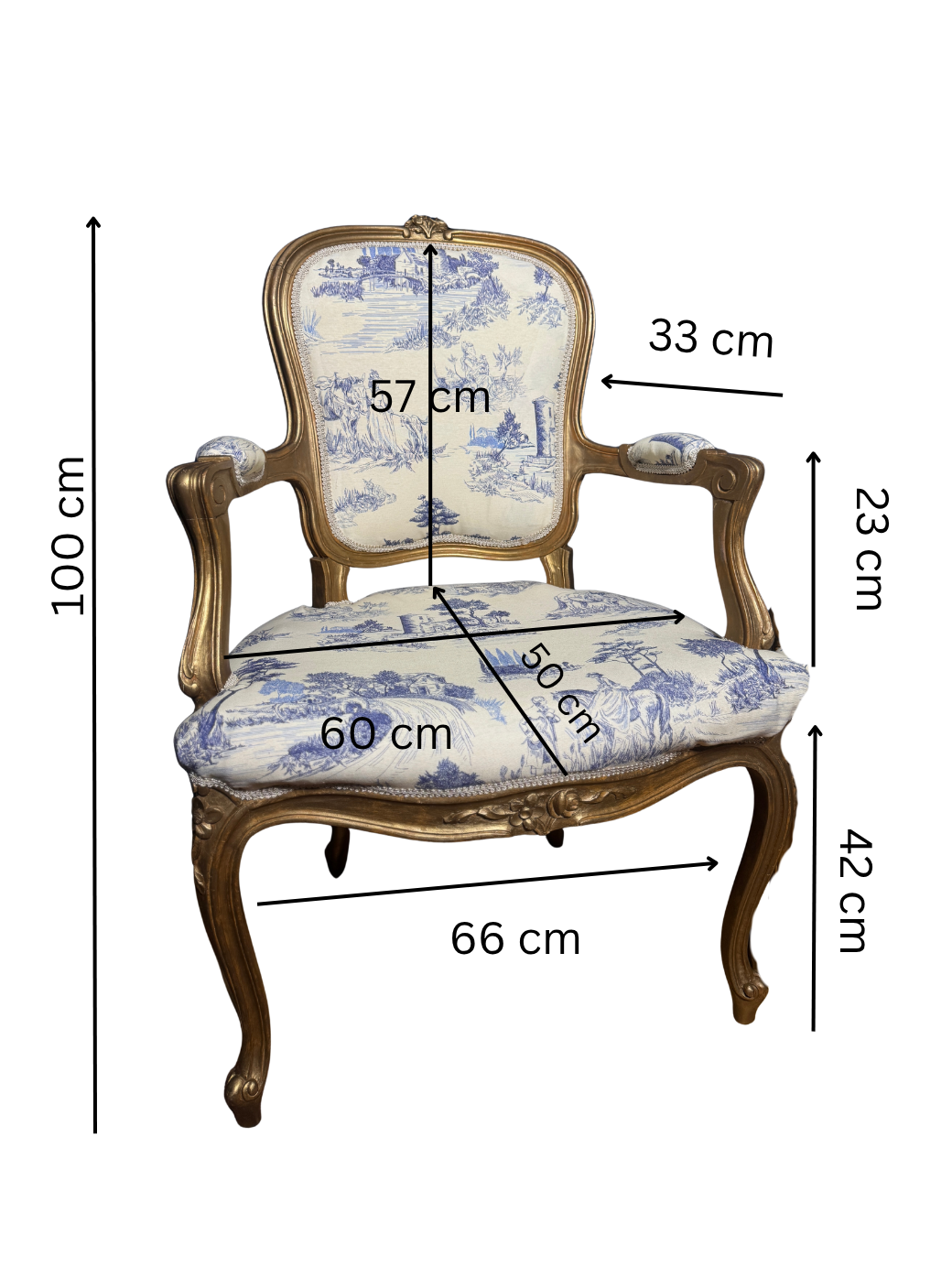 French Louis XV Gilt Blue Toile De Jouy Fabric Armchairs (Pair)