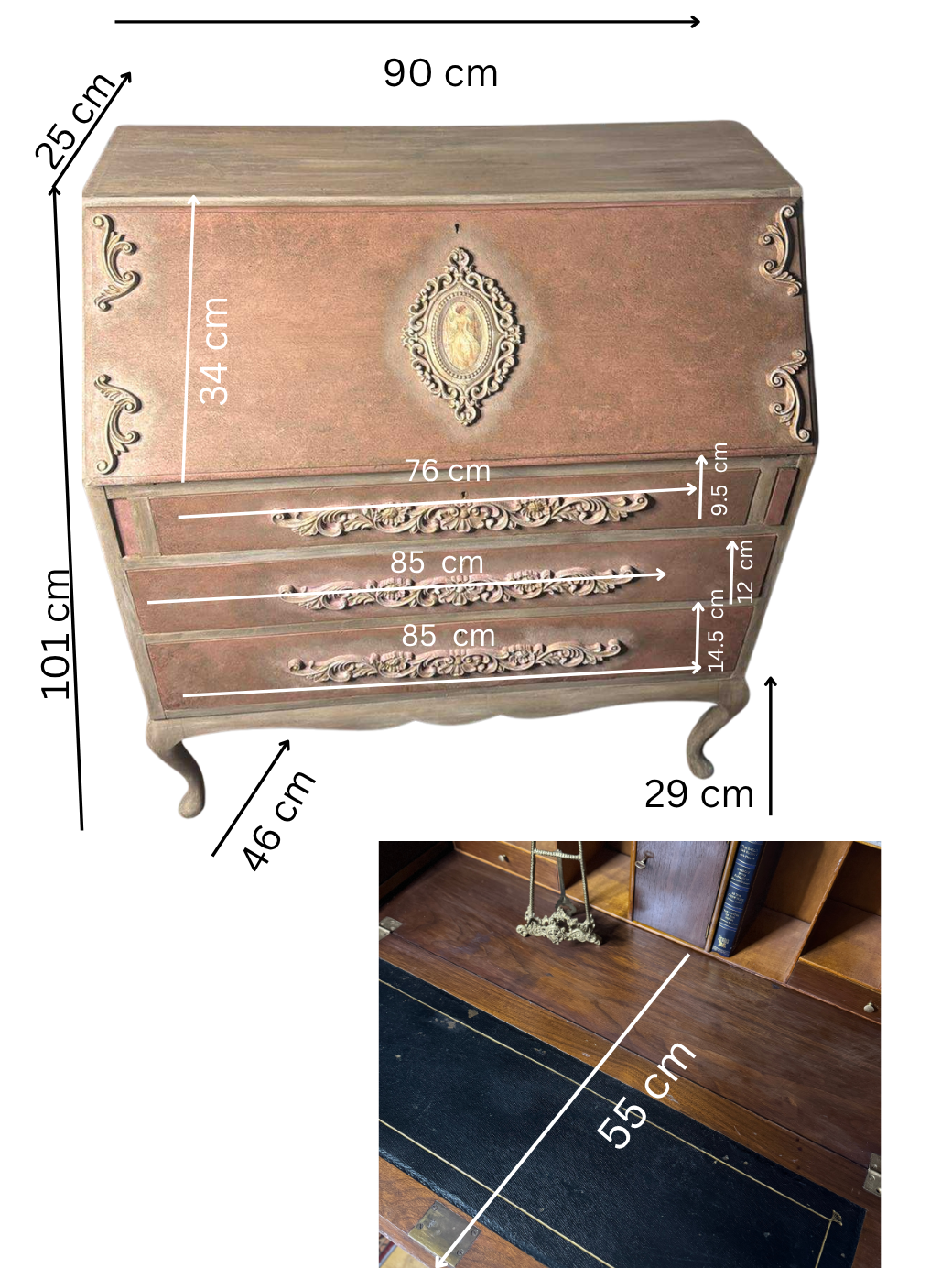 Antique Bureau Desk — French Romantic Style - Distressed Chalk Paint Finish