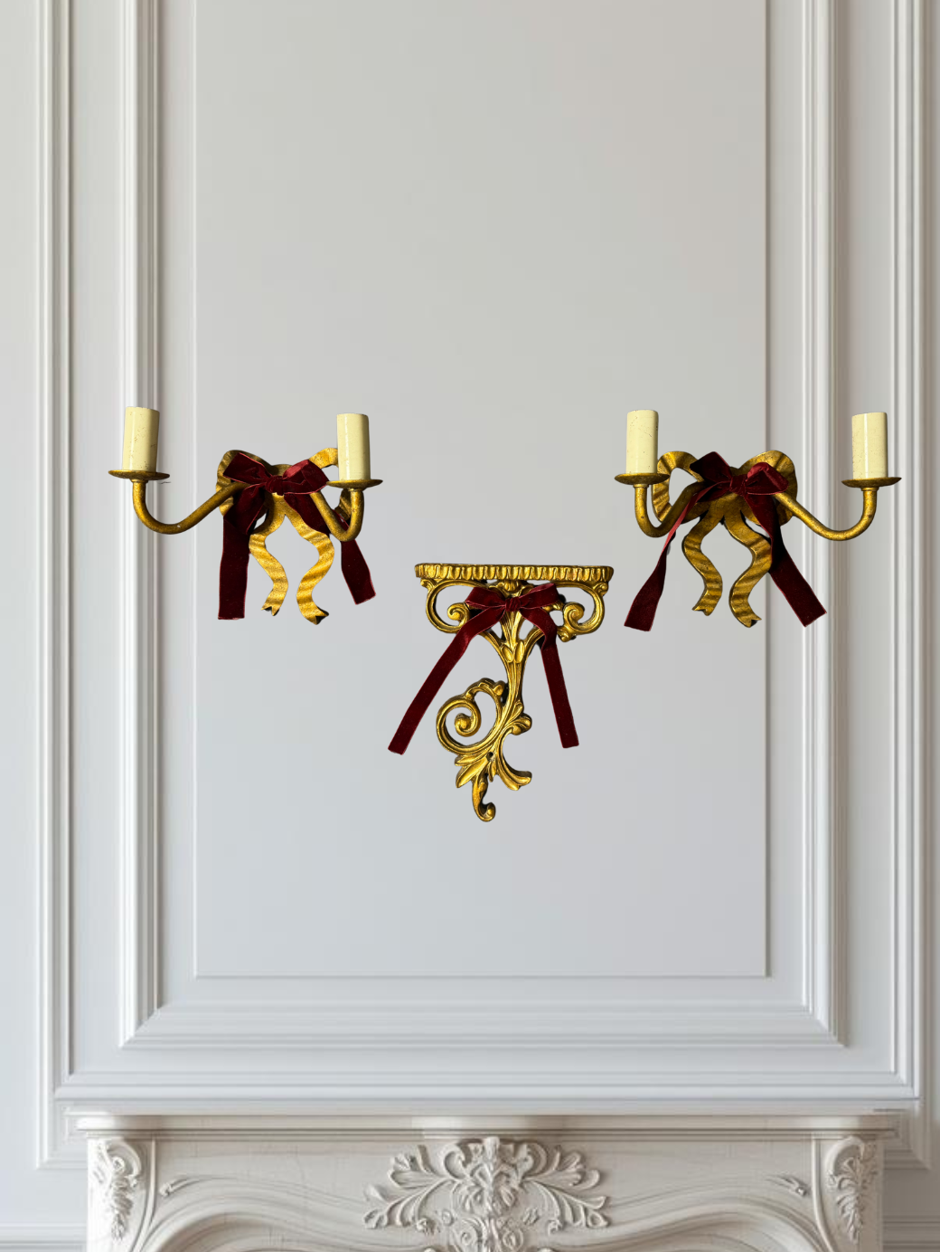 Early 20th Century Louis XVI–Style Wooden & Metal Two-Arm Ribbon Wall Lights (Pair)