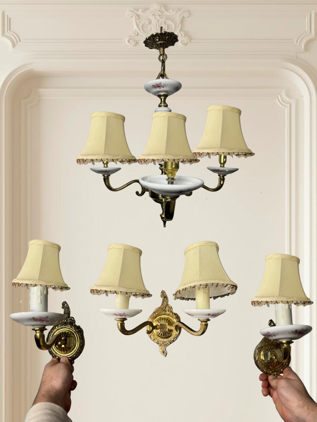 Capodimonte Style Brass and Fine Ceramic Vintage Chandelier + Wall Light Set | Porcelain White & Pink Flowers | Imported from Spain