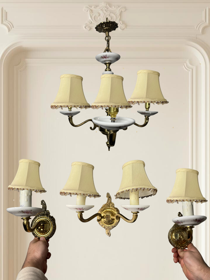 Capodimonte Style Brass and Fine Ceramic Vintage Chandelier + Wall Light Set | Porcelain White & Pink Flowers | Imported from Spain