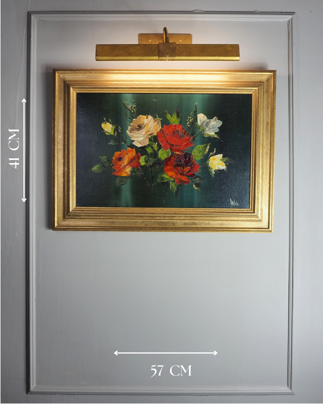 Vintage Dark Green Floral Display Oil Painting by Arnold in Gold Frame