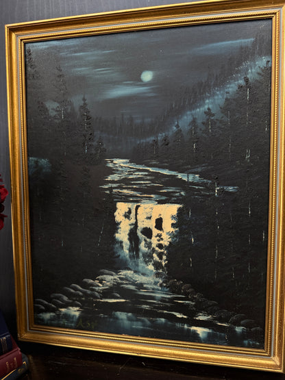 Golden Horizon – Signed Vintage Oil Painting in Blue-Trimmed Gilt Frame