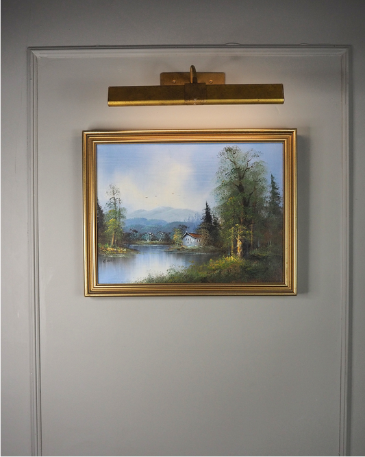 Vintage Oil Painting Lonely House by Lake Signed by L.Able