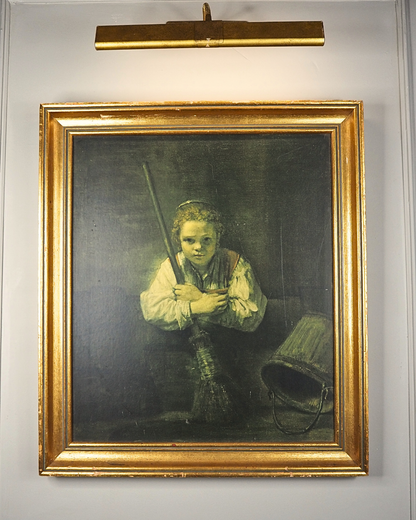 Rembrandt “A Girl with a Broom” Framed Vintage Dutch Print | Heavy Gilt Frame