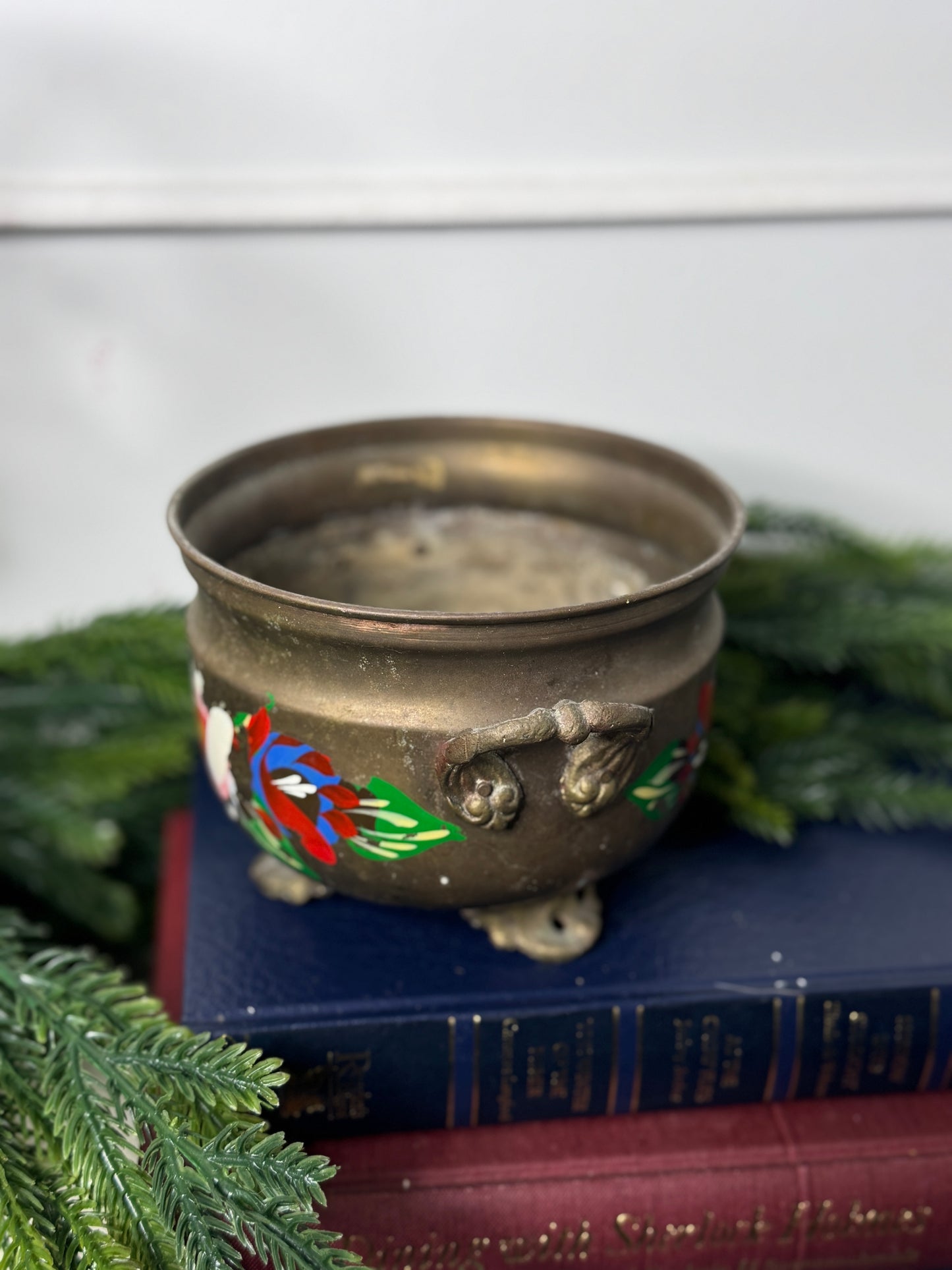 Hand-Painted Brass Pot | Vintage Folk Floral Pattern Planter