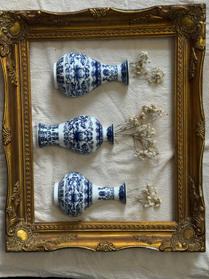 Vintage Gallery Wall Set | Gold Ornate Frame with Vase Trio & Dried Flowers | Decorative Wall Decor