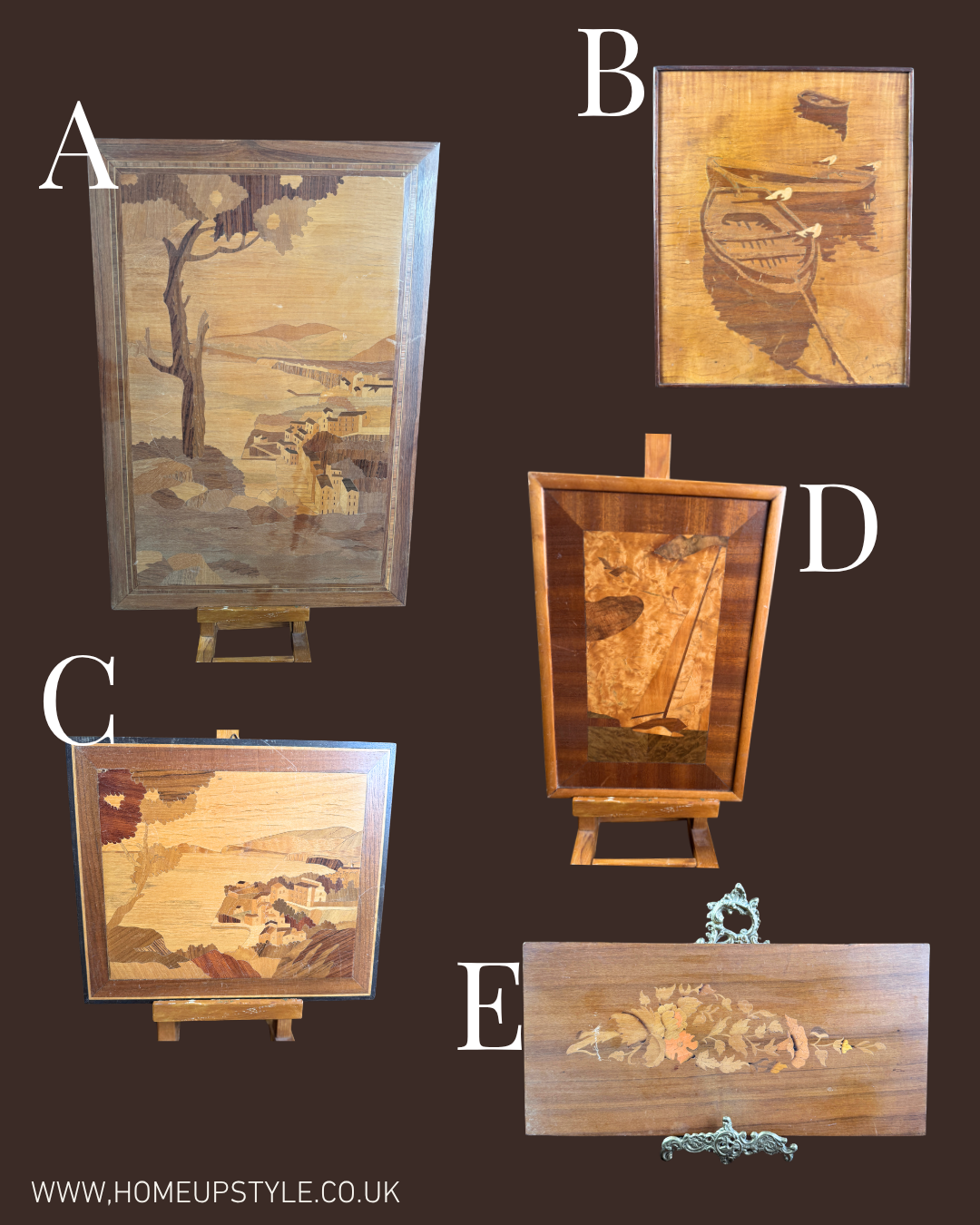 Italian Sorrento Inlaid Gallery Wall Set of 5 | Handcrafted Antique Marquetry Wooden Wall Plaques