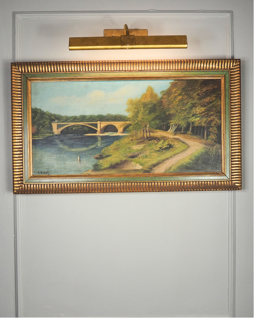 English Landscape Oil Painting by R.Nicol– Lower Hodder Bridge Scene Gold & Green Frame