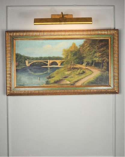 English Landscape Oil Painting by R.Nicol– Lower Hodder Bridge Scene Gold & Green Frame
