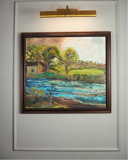 Peaceful River & Cabin Landscape- Vintage Rustic Oil Painting