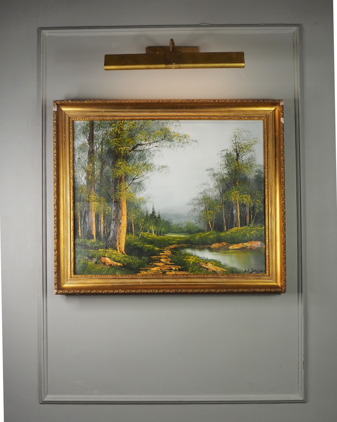Vintage Mid-Century Oil Painting – Forest River Stream Landscape by W.Johnson