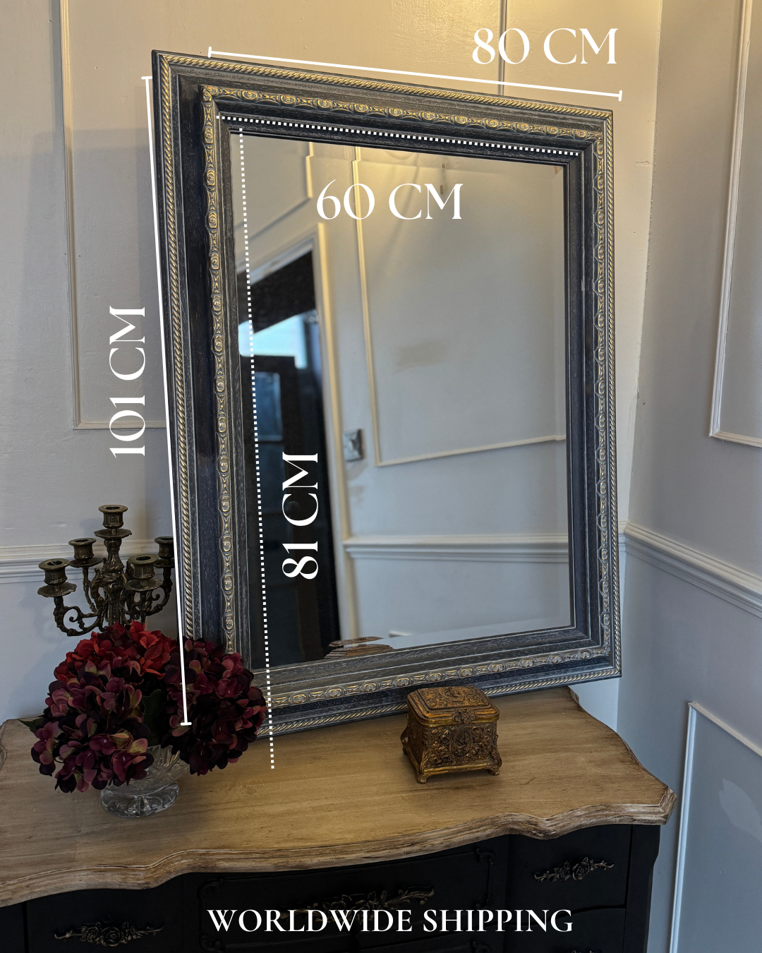 Romantic Style Vintage Mirror in Light Blue & Gold – Bevelled Wooden Frame