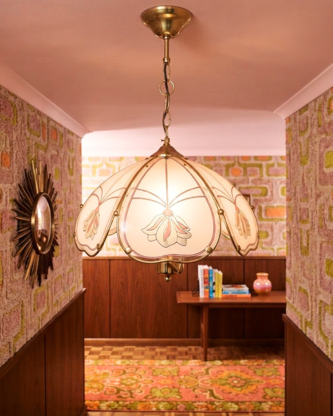 Vintage 1980s Retro  Art Nouveau 3 Light Tulip Floral Brass & Frosted Glass Pendant Light