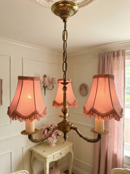 Curved French Antique Brass 3 Arm Chandelier with Pink Shades
