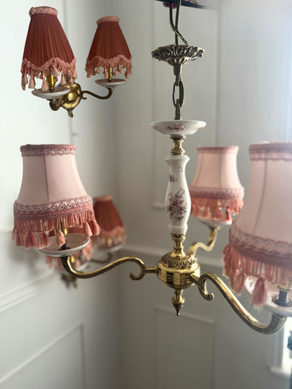 Capodimonte Style Brass and Fine Ceramic Vintage Chandelier + Wall Light Set | Porcelain White & Pink Flowers | Imported from Spain