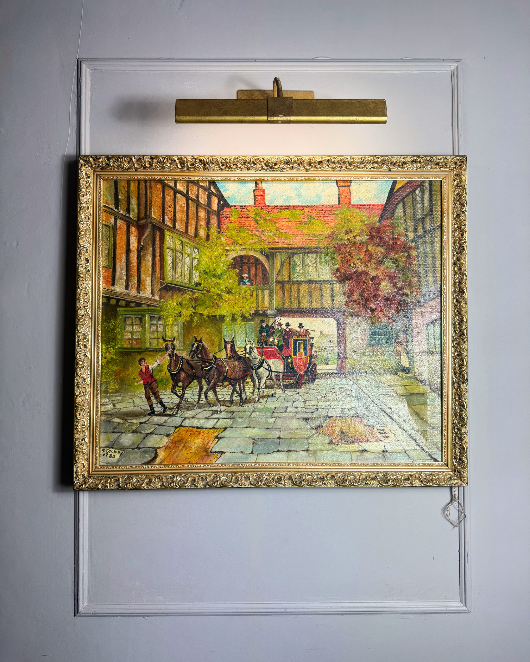Original Vintage Oil Painting – English Coaching Inn Courtyard Scene by A. Calway '82